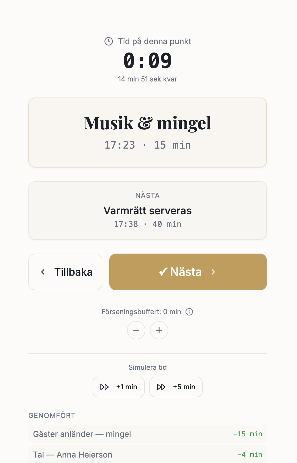 Dagläge med tid på aktuell punkt, nästa punkt och navigeringsknappar