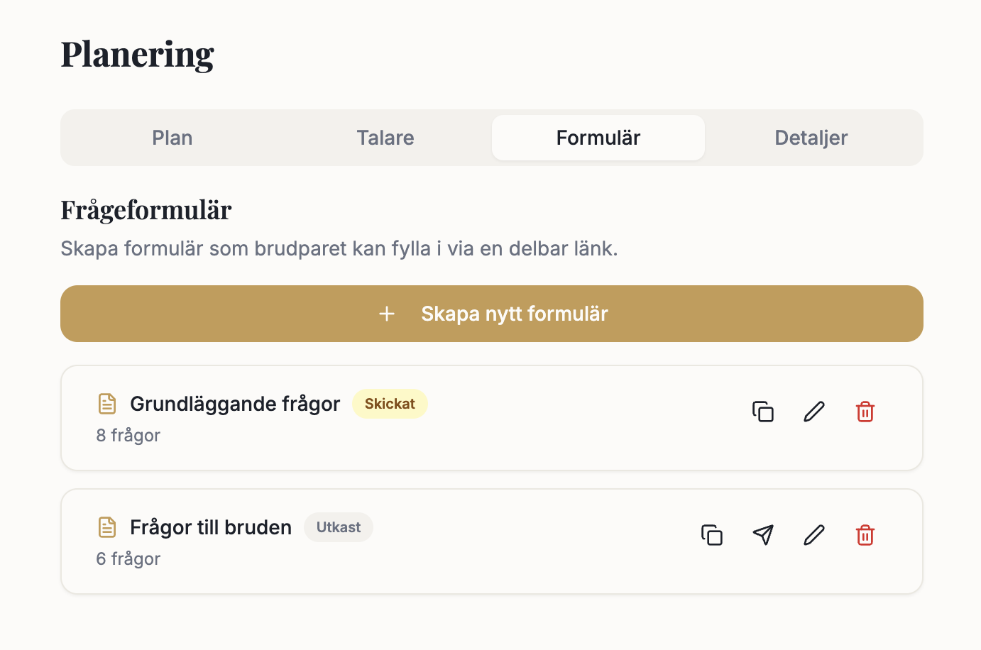 Frågeformulär till brudparet i Planering-vyn